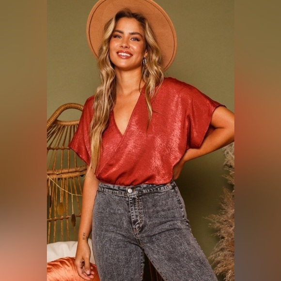 Brick Red Satin Surplice Bodysuit - Picture 2 of 6